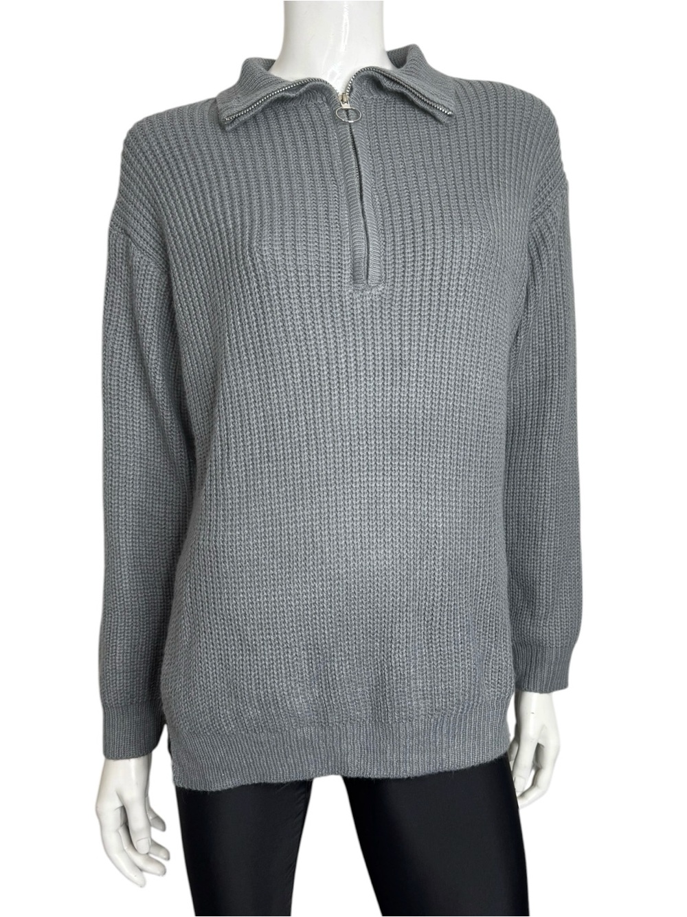 SHEIN Gray Half-Zip Ribbed Turtleneck Sweaterb